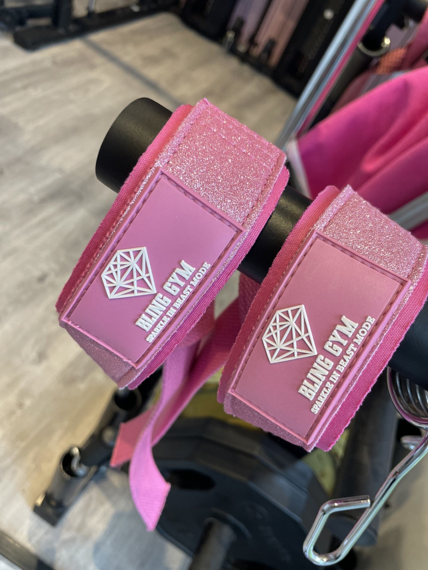 Bling Gym Pink Glitter Weight Lifting Straps - Pretty, Soft cotton, silicone grips, cushioned wrist strap.