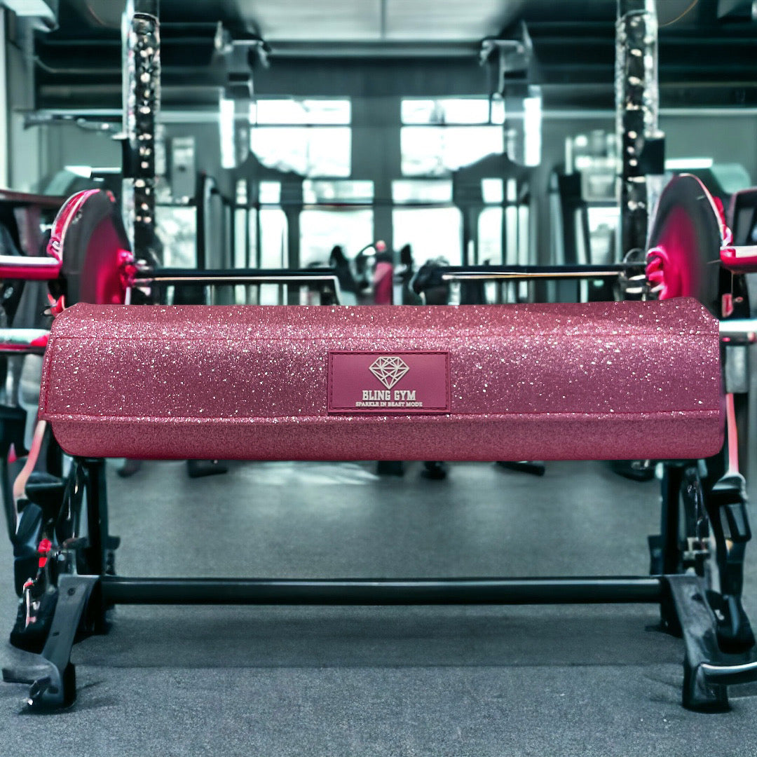 Gym Pink Glitter Barbell Pad - Thick Foam, velcro closure for secure heavy lifting.